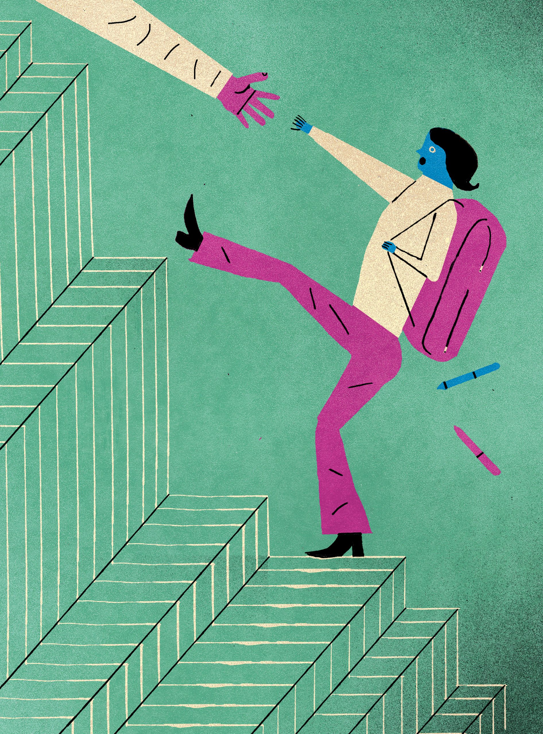 illustration of a student receiving an assist up the stairs
